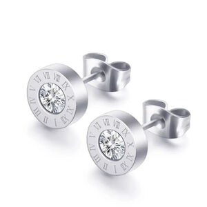 Silver ColorRoman Numeral Stud Earrings with Sparkling Zirconia, Stainless Steel